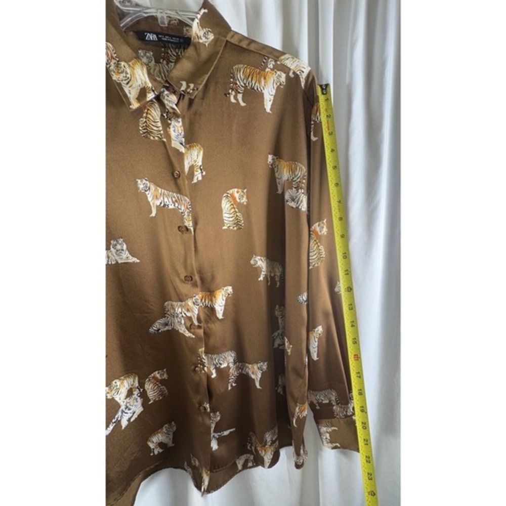 ZARA‎ Tiger Print Long Sleeve Button Down Shirt Women's L Brown Preppy  72-27 - Picture 11 of 15